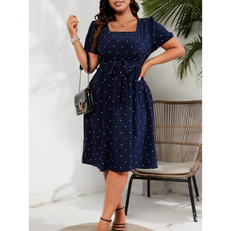 Плюс Размер Женские Элегантные Винтажные Платья В Горошек С Завязкой На Талии И Квадратным Вырезом Подол