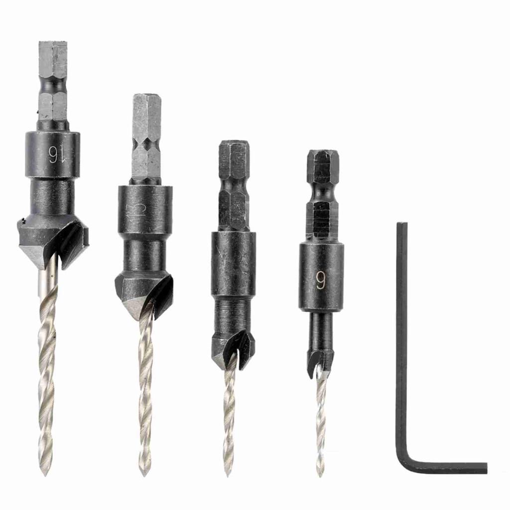 4pcs Countersink Drill Bit Set 1 4in Hex Shank Adjustable Woodworking Tapered Drill Bit with Hex Wrench
