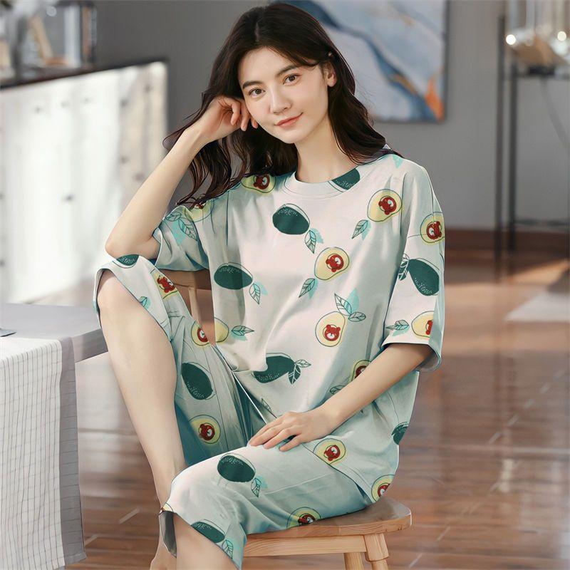 Летние капри в клетку женские пижамы для сна с короткими рукавами пижамные комплекты с рисунком пижамы из полиэстера 3XL 5XL домашняя мода