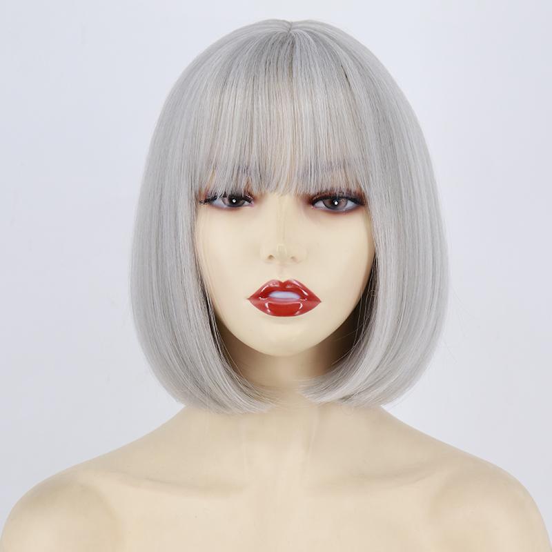 MISSQUEEN Women Cosplay Light Purple Shoulder Length Straight Bob Wig with Bangs Cosplay Purple Short Hair Synthetic Fiber Halloween Wig