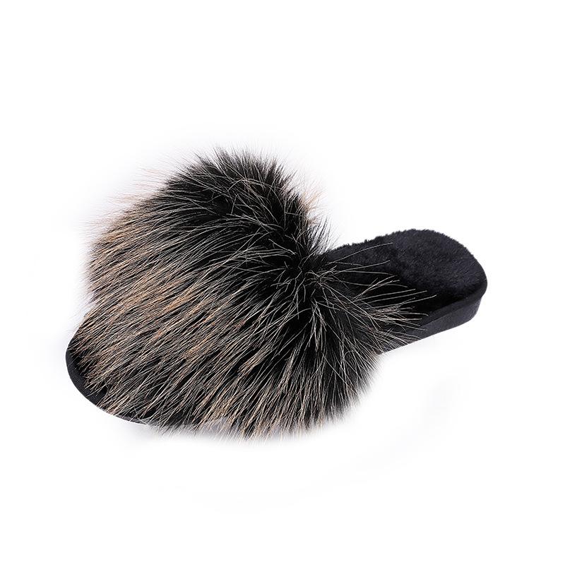 Summer Women Fur Slippers Woman Fluffy Raccoon Fox Fur Slides Female Furry Outside Flat Flip Flop Ladies Rainbow Slip On Sandals