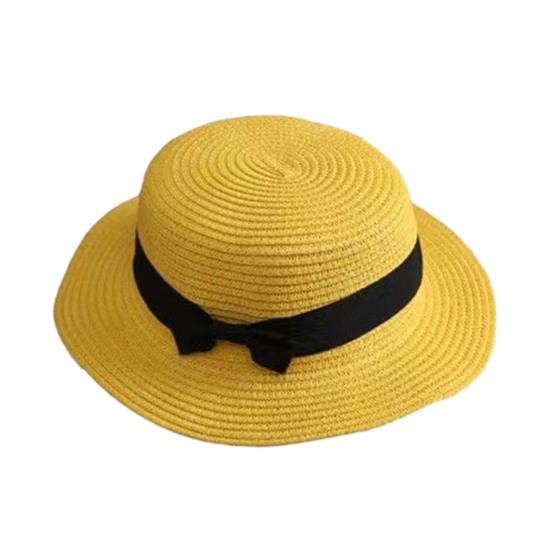 Beach Straw Hat Flat Top Wide Brim Sun Protection Hat with Black Ribbon Bow Hand-Woven Breathable
