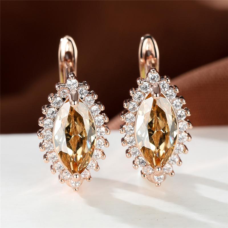 1 Pair Rose Gold Color Marquise Cut Multicolor Birthstone Drop Dangle Hook Earrings White Red Blue Green Stone Horse Eye Claw Earrings Jewelry