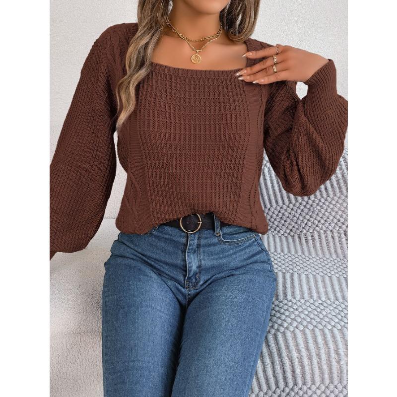 Женский осенне-зимний повседневный однотонный вязаный свитер с квадратным вырезом и рукавами-фонариками