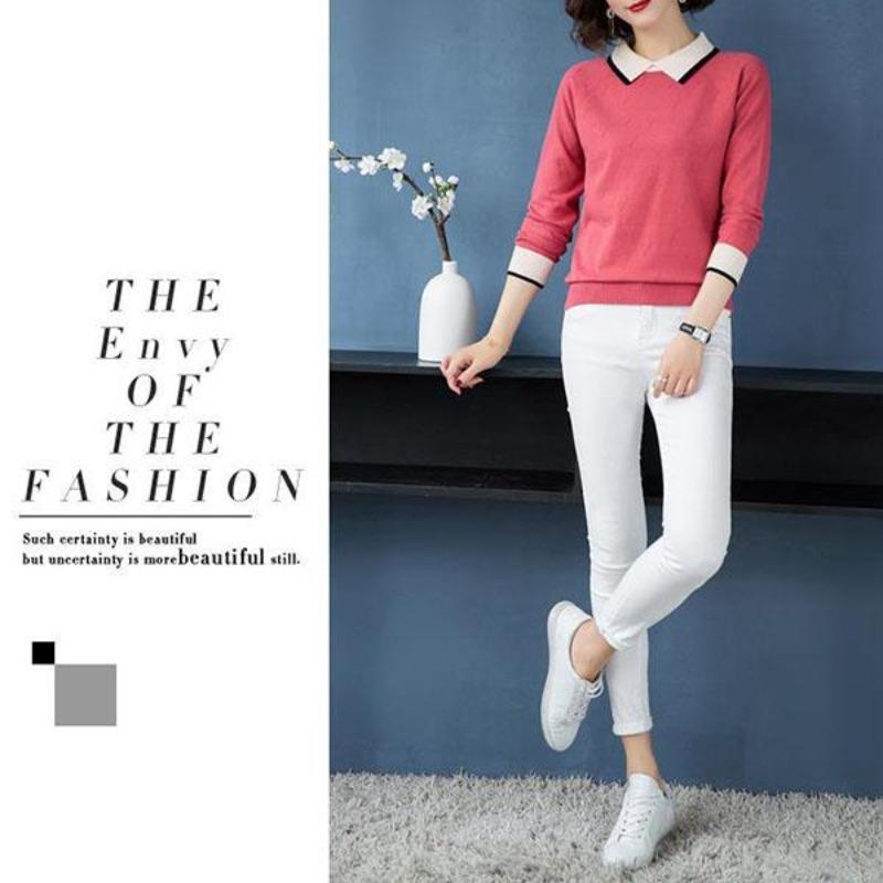 Женский модный трикотаж Большого размера Свитер с длинным рукавом Свободного кроя Кукольный воротник Пуловер Свитер Вязаная верхняя одежда