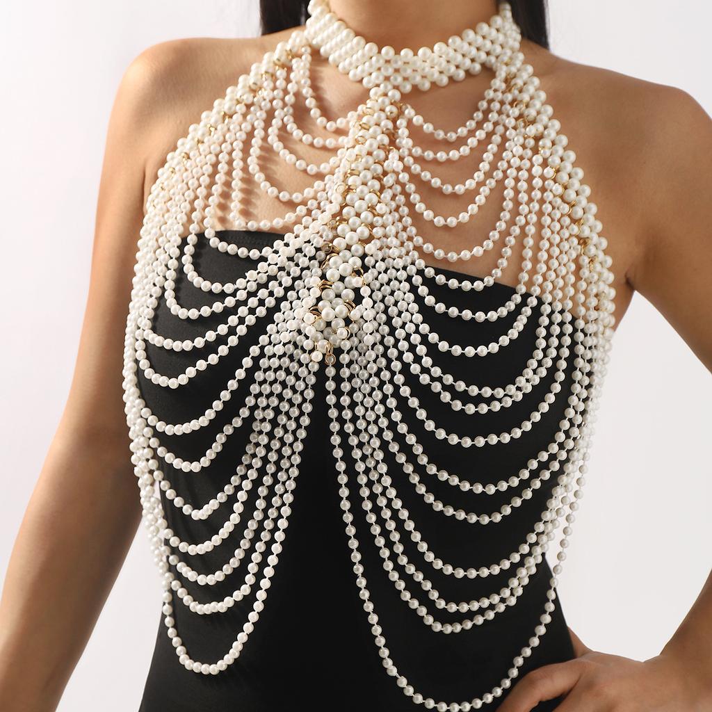 Fashion Body Chain Handmade Woven Shawl Pearl Tassel Wave Dress Wedding Costume Accessories