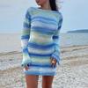 Autumn/winter Women's Knitted Sexy Backless Flared Sleeve Striped Sweater Dress