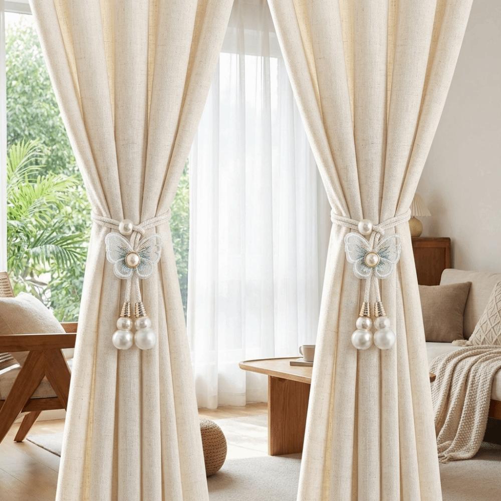 2PCS Adjustable Butterfly Curtain Tiebacks Curtain Holder Decorative Pearl Curtain Buckle Artificial Pearl Curtains Tie Rope