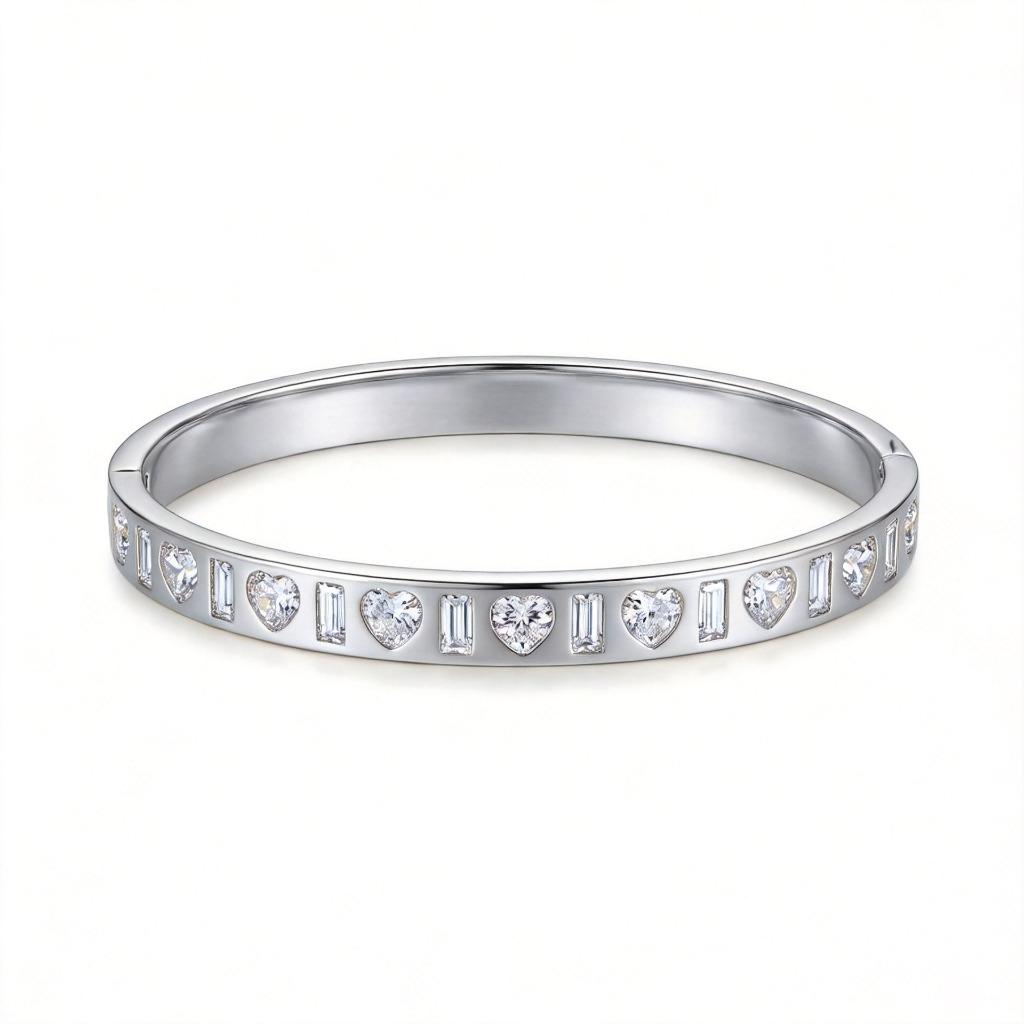 Gold Color Snap-on Heart Zircon Bangle Stainless Steel Bracelet for Women Fashion Jewelry Gift