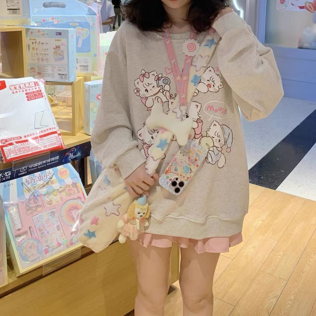 Y2k Harajuku Kawaii Hoodie Women Japanese Fashion Cute Casual Cat Print Soft Gril Loose Sweatshirt Gray Preppy Style