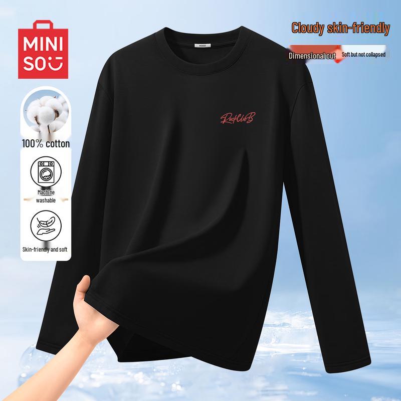 MINISO Men's Basic Loose Fit Long Sleeve Cotton T-Shirt