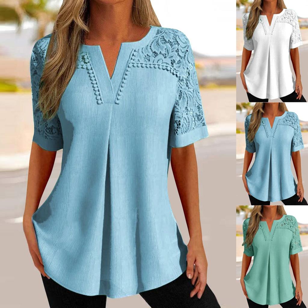 Рубашки с коротким рукавом для женщин, кружевные лоскутные футболки, блузки, повседневные базовые топы, пуловеры
