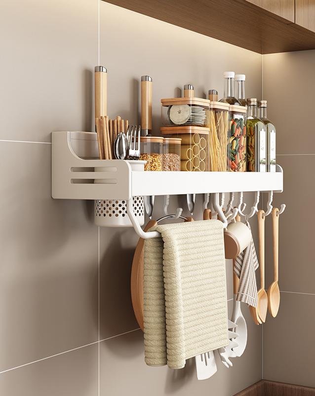 Настенные полки для хранения, алюминиевый кухонный органайзер для хранения с крючками, держатель для ножей, подставка для приправ, полка-органайзер