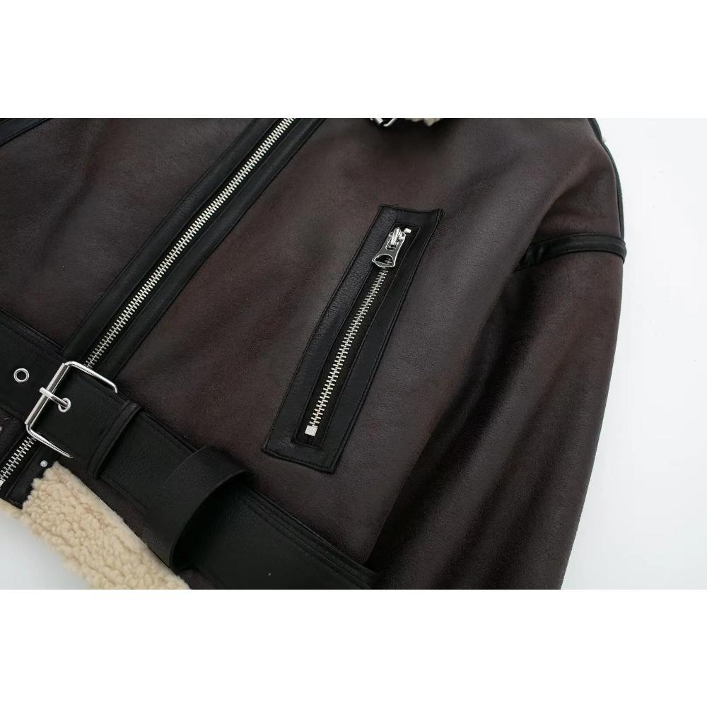 Новая женская мода толстая теплая искусственная овчина куртка пальто винтажная с длинным рукавом пояс подол женский верхняя одежда