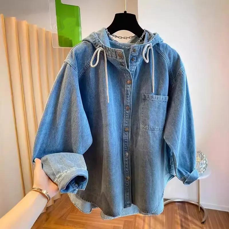 Women Spring Autumn Solid Retro Matakawa Denim Shirts&blouses Hooded Blusas Mujer Korean Casual Camisas