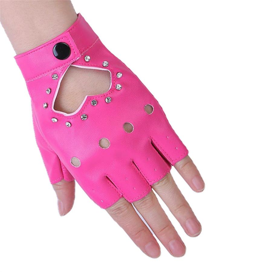 Women Heart Cutout Rhinestone Fingerless Gloves, Punk Faux Leather Half Finger Gloves for Dancing, Cosplay, Biking, Party, Performance