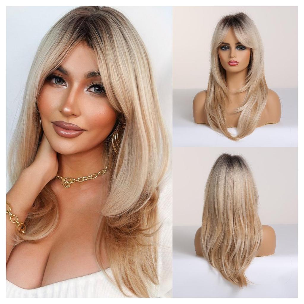 Long Wavy Layered Black-Brown Shoulder-Length Wigs With Bangs Heat Resistant Synthetic Wigs for Women Cosplay Daily Natural Wigs