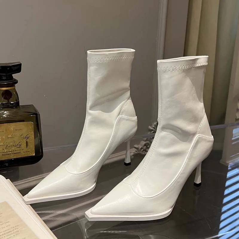 Fashion Eilyken Spring Autumn Pointed Toe Women Ankle Boots Eelgant Thin High Heel Shoes Soft Leather Ladies Short Socks Boots