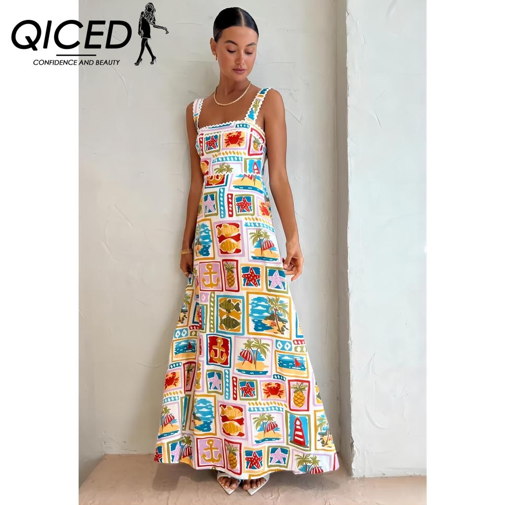 QICED Fashion Personality Graffiti Halter Top Sexy Lace Dress Women