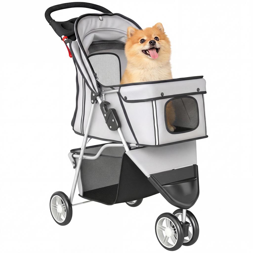 Dog Stroller, 3 Wheels Foldable Pet Stroller with Adjustable Canopy, Storage Basket for Small Mini Breeds, Grey