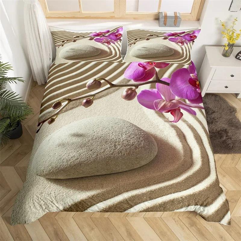 Пододеяльник Zen Stones Бамбук Фаленопсис Комплект постельного белья Медитация Покрывало из микрофибры Спокойная природа Художественное произведение Покрывало