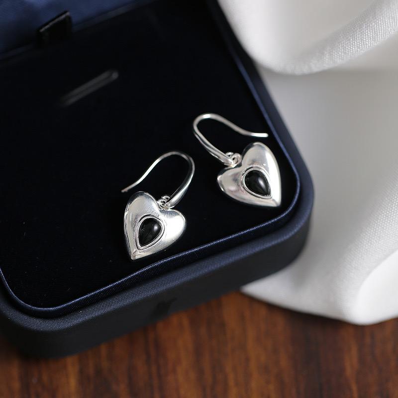 BF CLUB 925 Sterling Silver Heart Earrings For Women Trendy Simple Retro Black Earring Jewelry Prevent Allergy Party Accessories