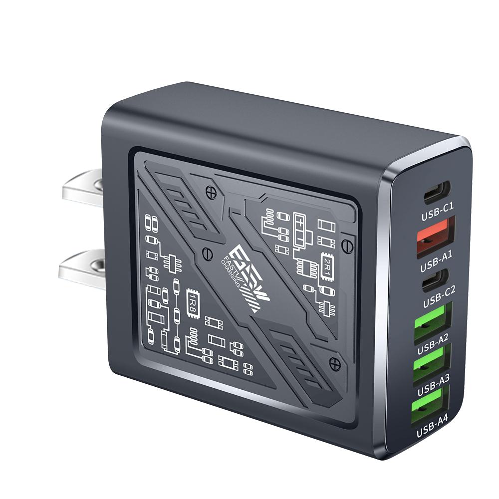 Total 65W 6 In 1 4 USB 2 Type C Fast Charging Wall Charger For iPhone Samsung Xiaomi Mobile Phone Charger Power Adapter