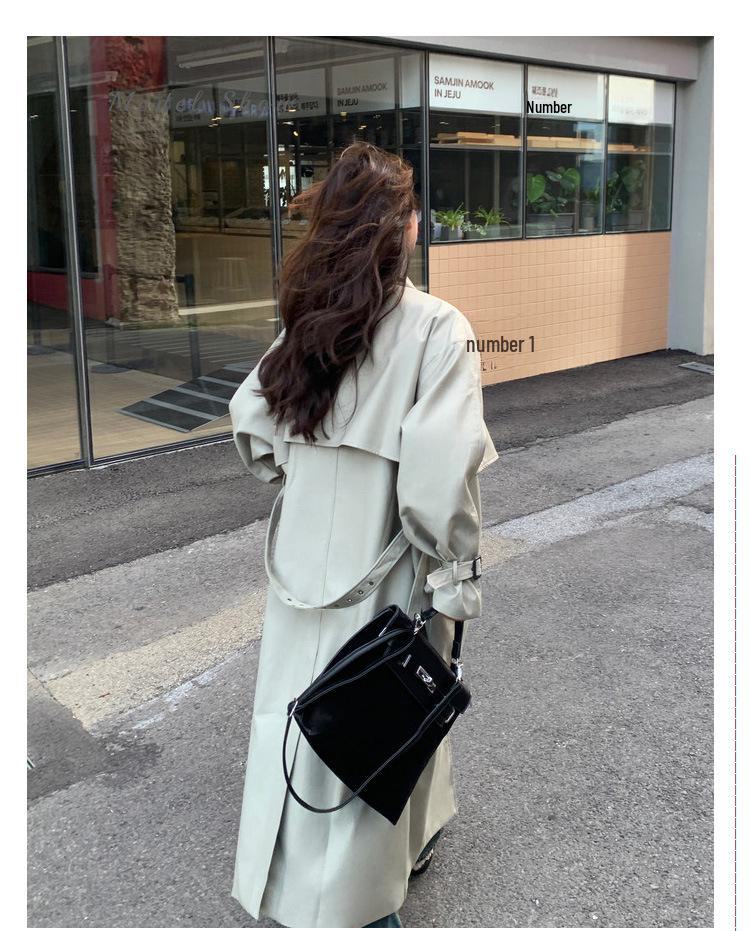 Women's Korean-Style Gray-Green Windbreaker Jacket, Autumn 2024 High-End Mid-Length Coat
