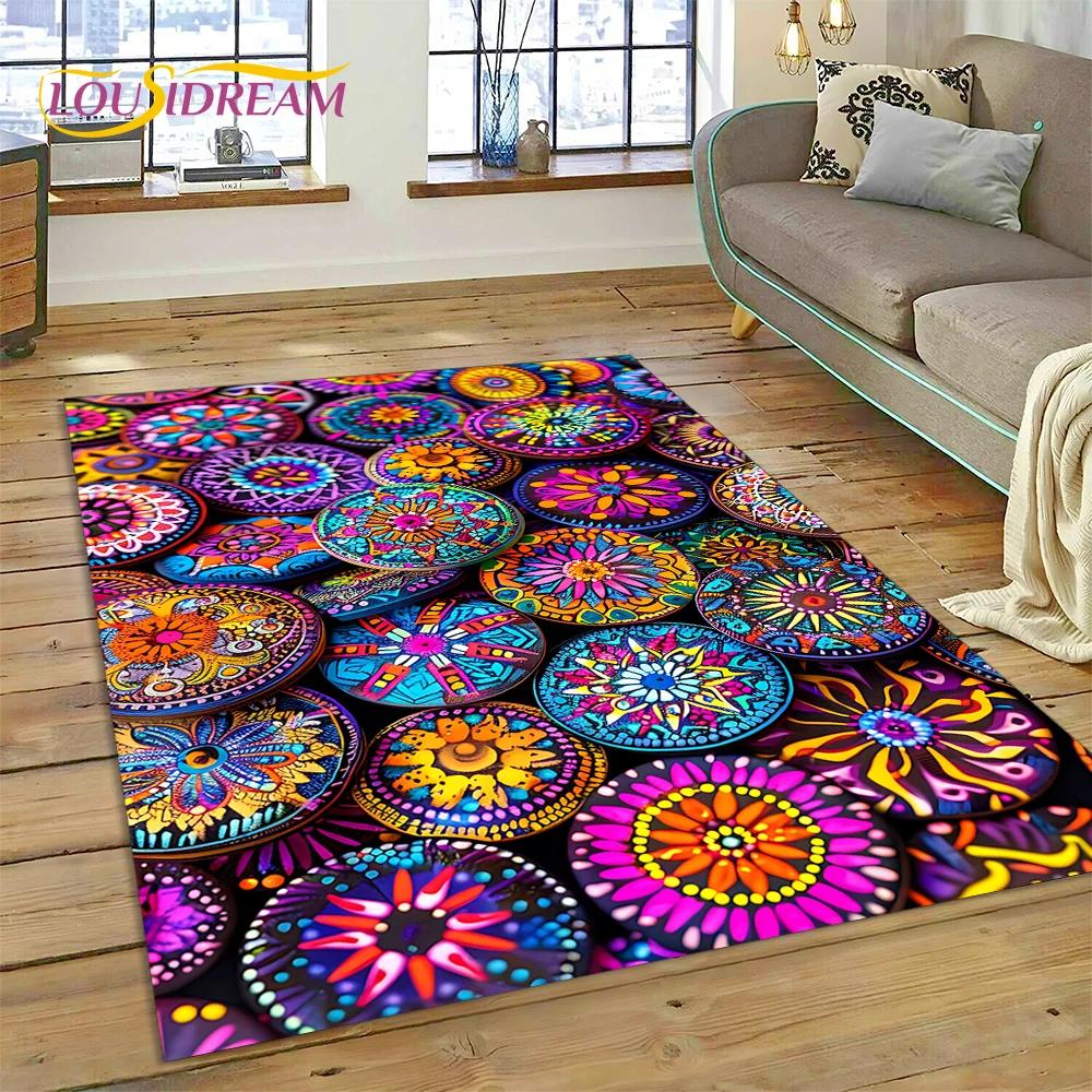 VIKAMA Colorful Flower Woven Art Mandala Rug, Non-Slip Carpet For Living Room, Bedroom, Sofa, Home Decor, Doormat
