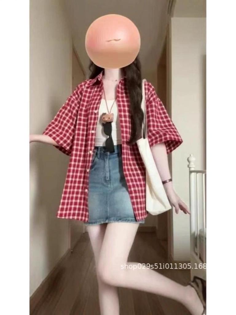 Женская красная клетчатая рубашка-поло с коротким рукавом - Летний свободный повседневный кардиган-топ, Универсальный стиль