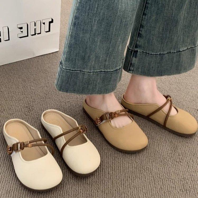 Mary Jane Bag Head Half Slippers Women's Summer Wear Versatile 2025 New Flat Bottom One Pedal Half Support Single Shoes Soft Sole