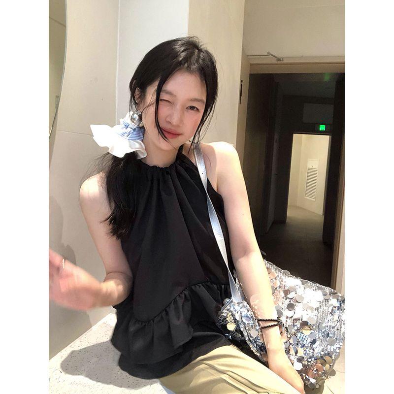 Kumikumi Sweet and Spicy Style Hanging Neck Sleeveless Black Vest Women Clothes Summer Temperament Patchwork Frill All-Match Top