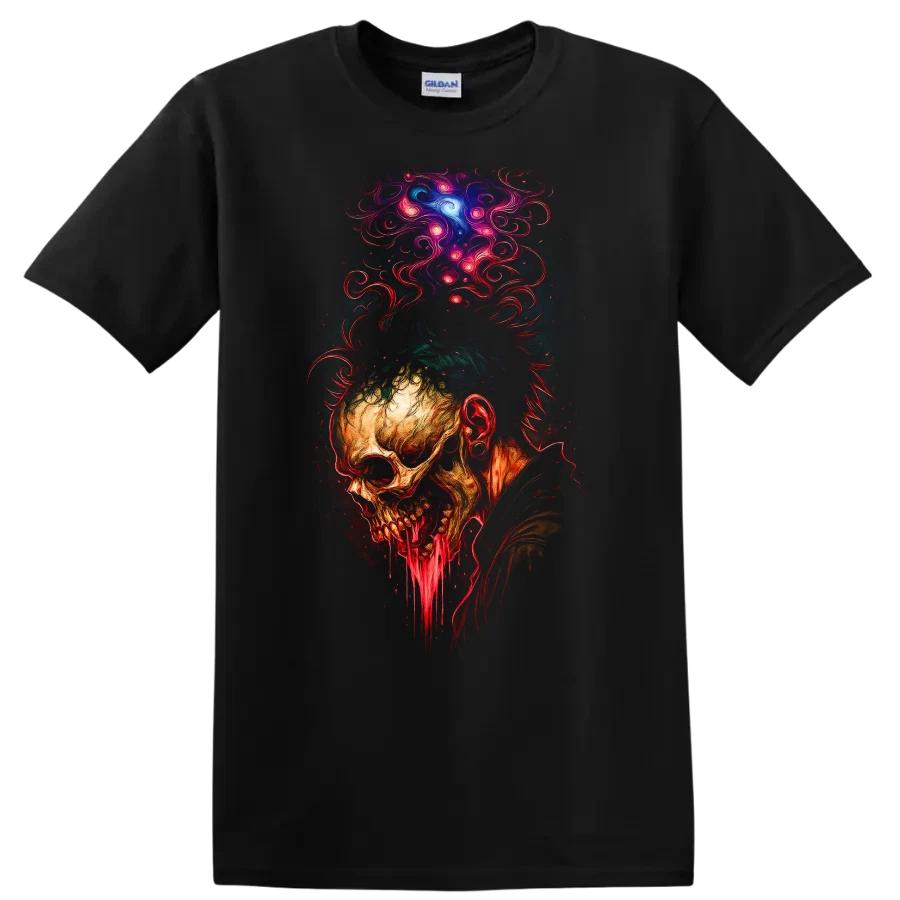 Skull Artwork T Shirt Horror Graphic Design w/ Colorful Background Tee