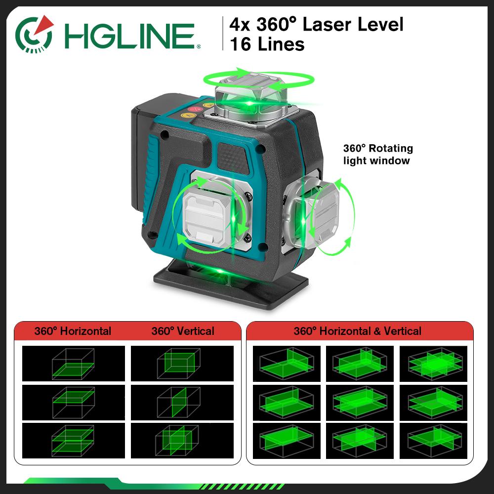 HGLINE 16 линий 4D лазерный уровень нивелир инструмент дисплей мощности автоматический 360℃ горизонтальный и вертикальный перекрестный лазерный станок