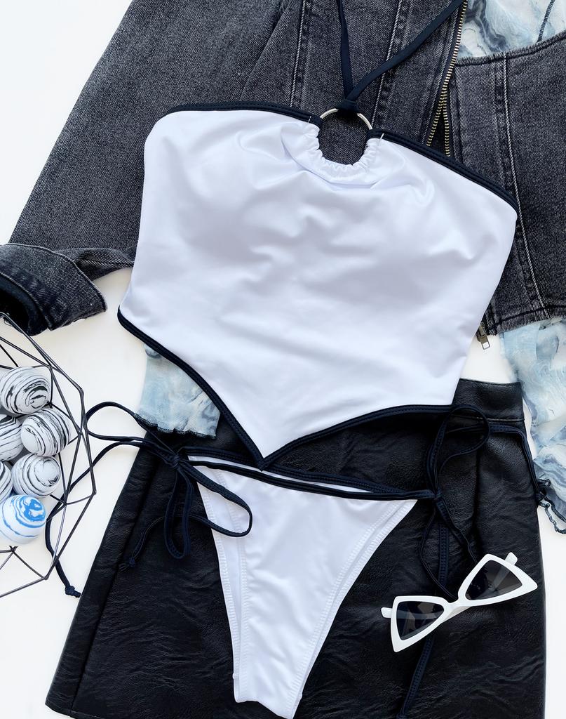 Женский купальник, белый сексуальный комплект бикини с лямкой на шее и завязками по бокам