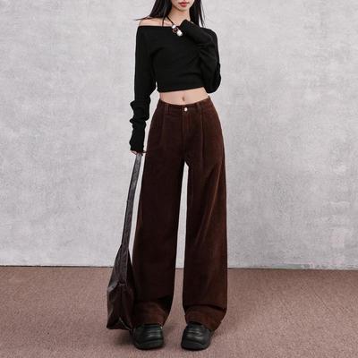 2025 Новые осенне-зимние женские утягивающие брюки с высокой талией из рубчатого вельвета с широкими штанинами, коричневые