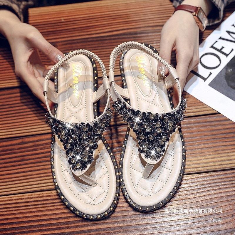 Большие размеры бохо клип носок сандалии женские летние плоские со стразами женские пляжные сандалии