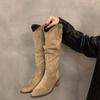 Мода Ретро Стиль Женщины Вестерн ковбойские сапоги Модные туфли без застежек Осень Зима Квадратный Низкий Каблук Дамы Рыцарь Длинные сапоги
