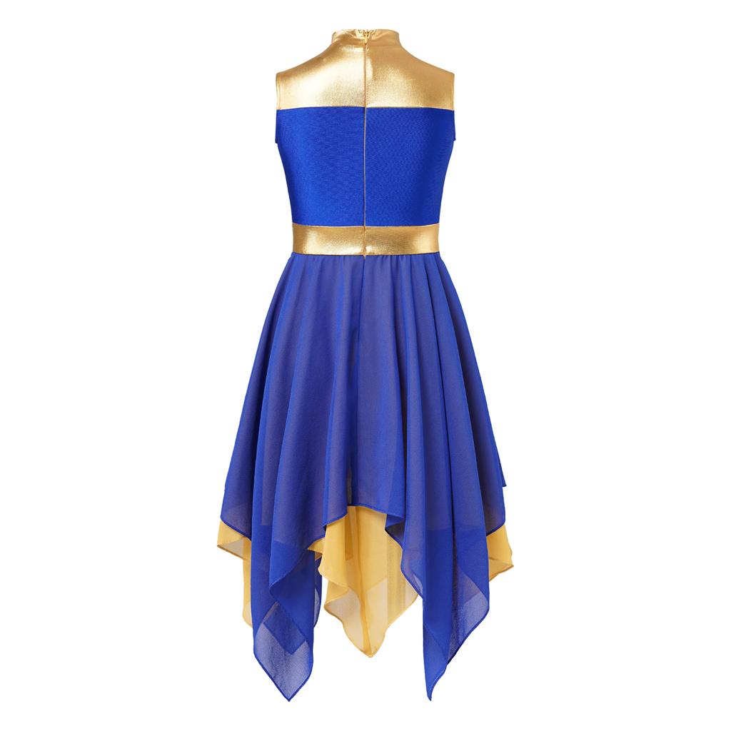 Girls Worship Dance Dress Sleeveless Chiffon Hem Contrast Design Cross Print Praise Lyrical Performance Costume