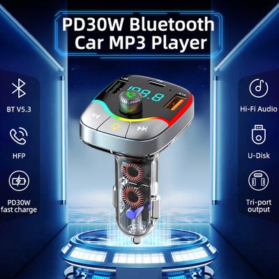 Автомобильное зарядное устройство Bluetooth 5.3 FM-передатчик Hands-free Call MP3-плеер 36 Вт PD QC3.0 адаптер для быстрой зарядки с разноцветными огнями