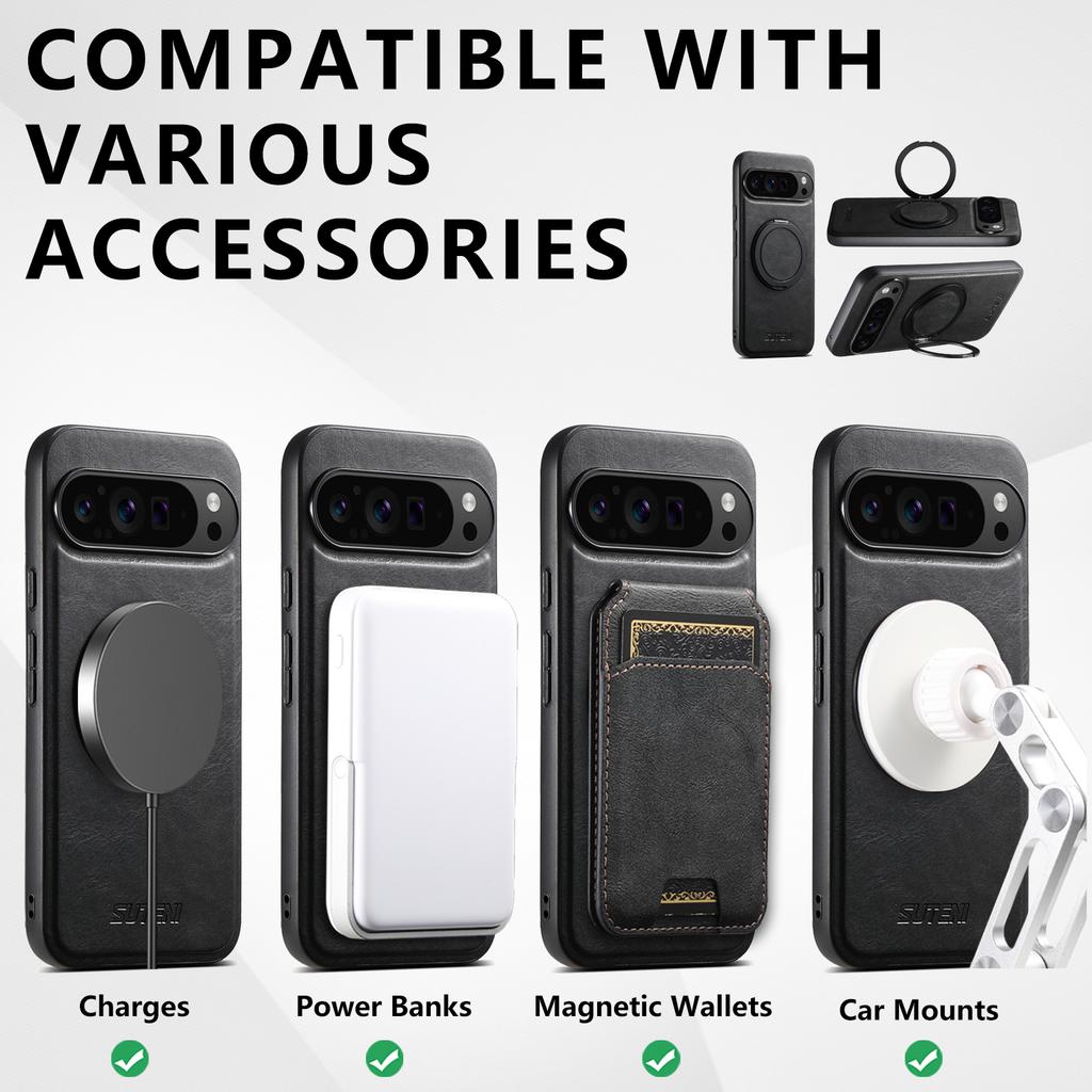 SUTENI G3 Чехол для Google Pixel 10/10 Pro, совместимый с MagSafe, восковая текстура, вращающаяся подставка, кожаная задняя крышка для телефона