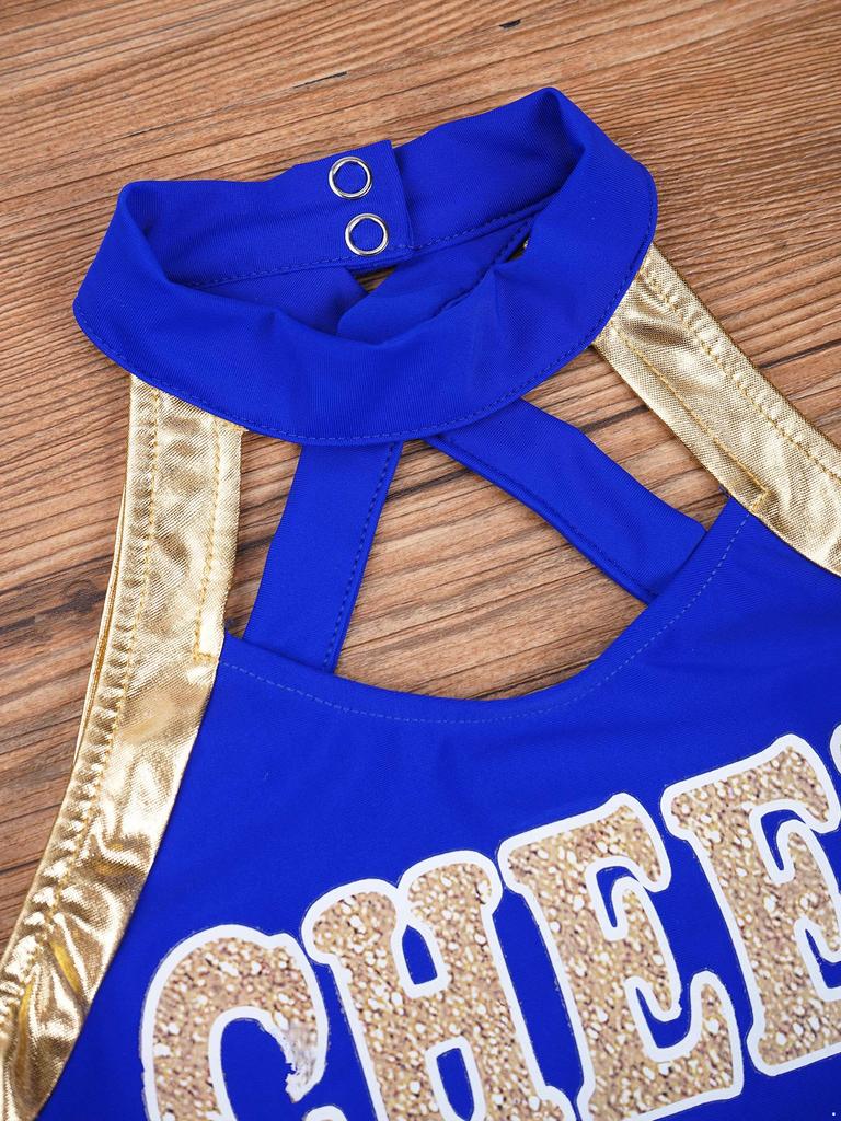 Girls Sleeveless Round Collar Letter Print Crisscross Straps Hollow Back Cheerleading Dance Dress