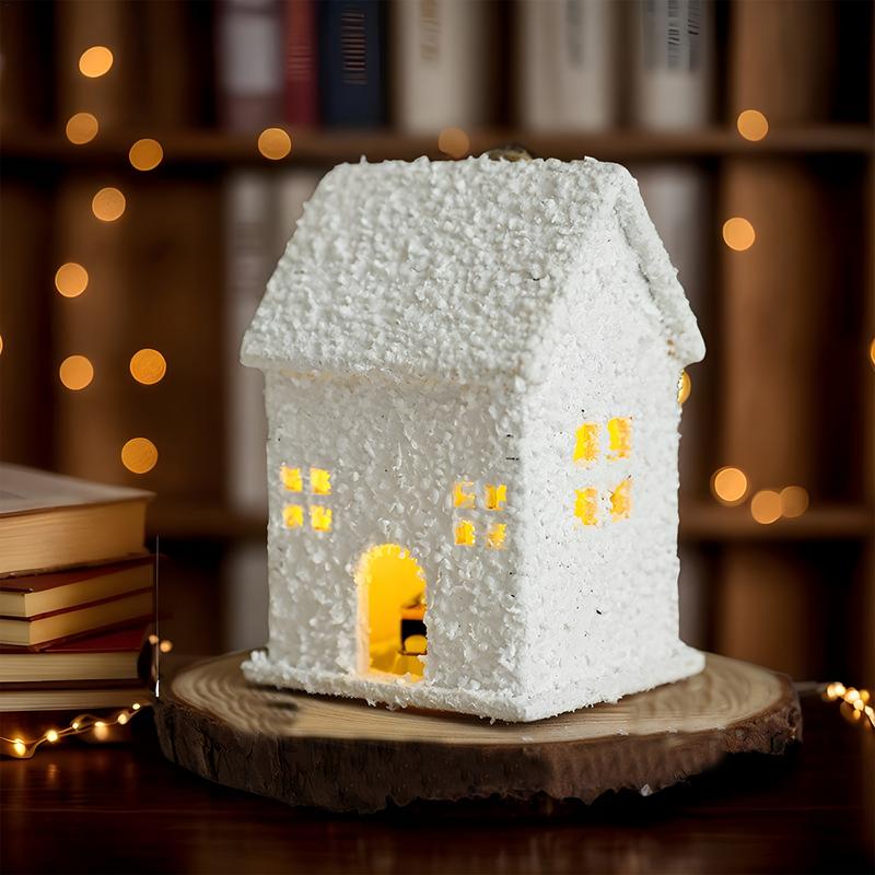 Светящийся Рождественский Домик Белый Пейзажный Декор со Светодиодной Подсветкой Рождественское Украшение Деревянная Статуэтка Домика для Украшения Гостиной