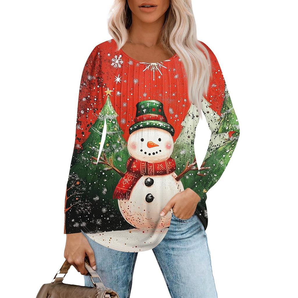 Женская повседневная футболка с круглым вырезом и длинными рукавами с рождественским принтом и складками
