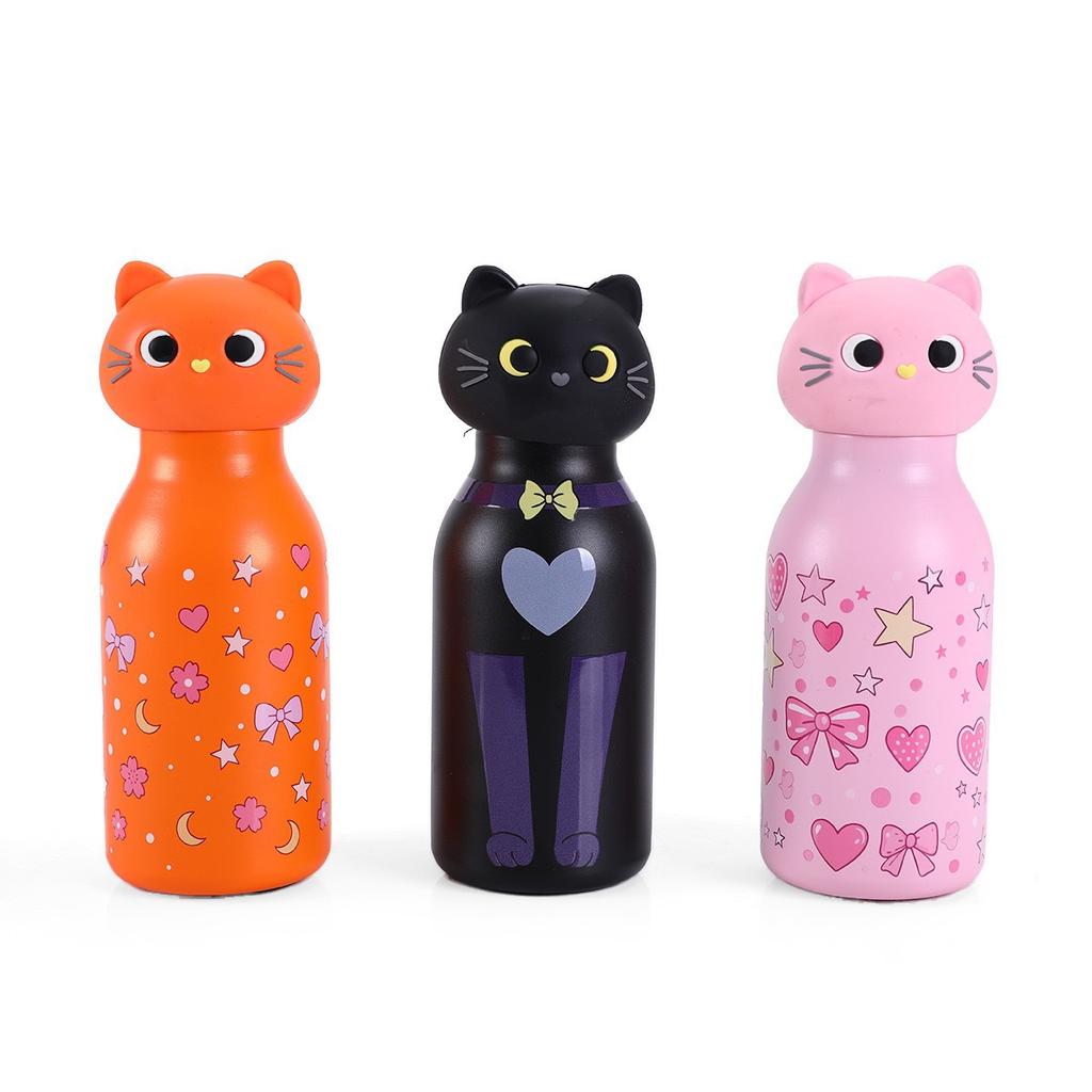 Insulated Stainless Steel Water Bottle with Cat Detachable Soft Head Cartoon Cat Shaped Thermos Bottle With Straw For Kids