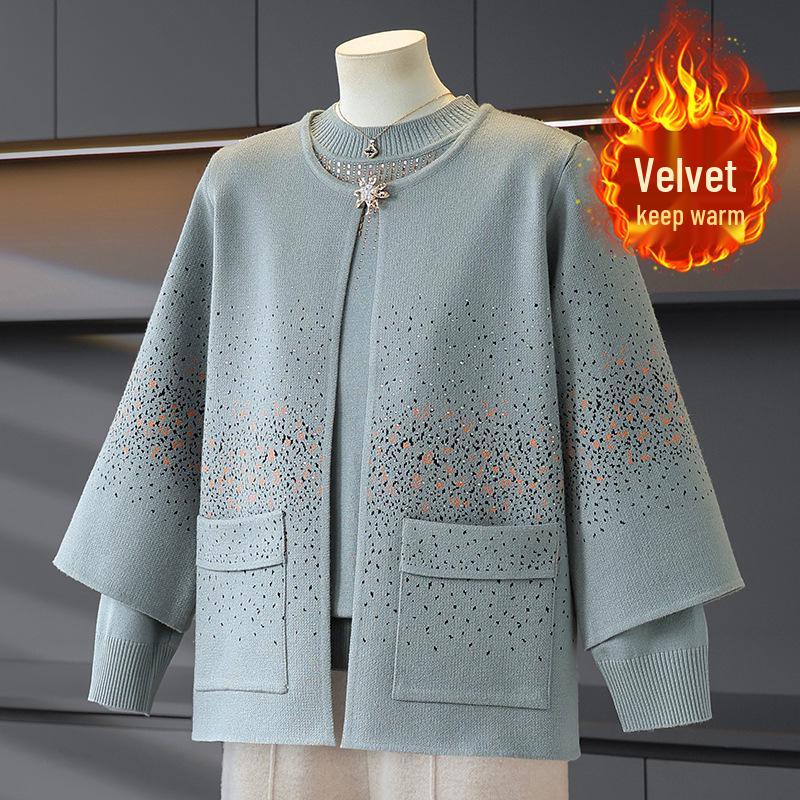 Mom's Stylish Knit Fleece Winter Suit: Two-Piece Base Layer Set for Middle-Aged & Elderly Women - Year of the Rat Edition, Happy Mother-in-Law