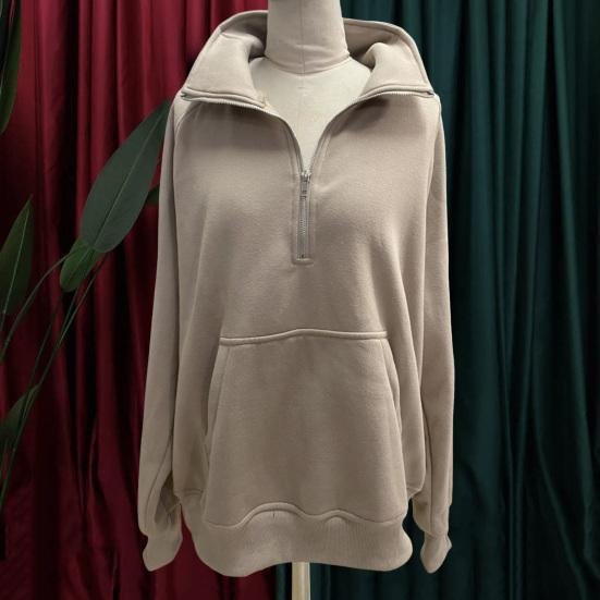 Women Fall Winter Sweatshirt Lapel Zipper Half Placket Long Sleeve Front Pocket Pullover Tops Solid Color Loose Fit Sport Sweatshirt