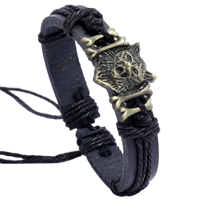 New Jewelry Vintage Woven Leather Bracelet Rope Ancient Copper Alloy Wolf Head Imitation Cowhide Bracelet Jewelry
