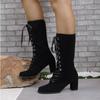 Winter Shoes for Female Front Lace-up Women's Mid-Calf Boots Square Heel High Heel Women's Shoes Cross-tied Ladies Boots