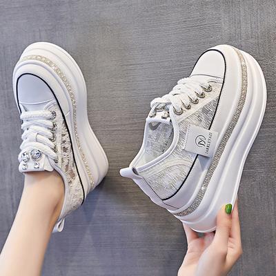 Женская повседневная уличная обувь на платформе 8 см, блестящие украшения со стразами, кроссовки на шнуровке, прогулочная спортивная дышащая обувь на толстой подошве